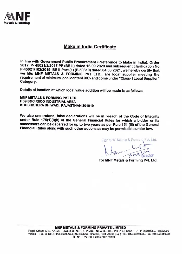 Scan of the Make in India certificate held by MNF Metals & Forming
