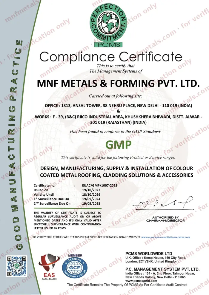Scan of the GMP certificate issued to MNF Metals & Forming Private Limited by PCMS Worldwide Ltd, number EUAC/GMP/1007-2023, watermarked for verification