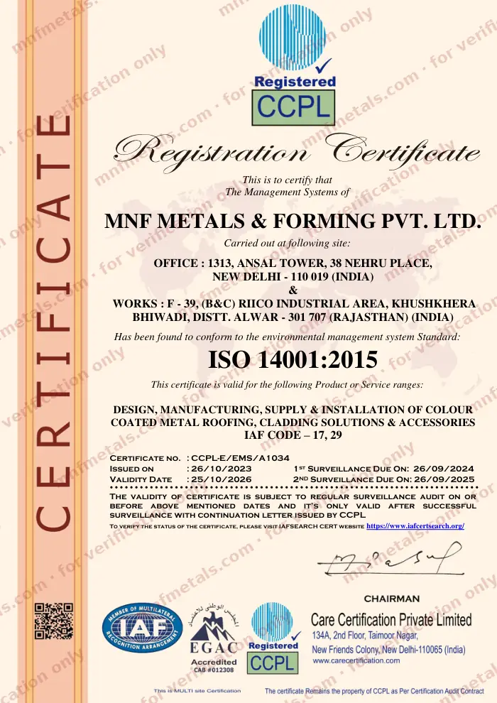 Scan of the ISO 14001:2015 certificate issued to MNF Metals & Forming Private Limited by Care Certification Private Limited (CCPL), number CCPL-E/EMS/A1034, watermarked for verification