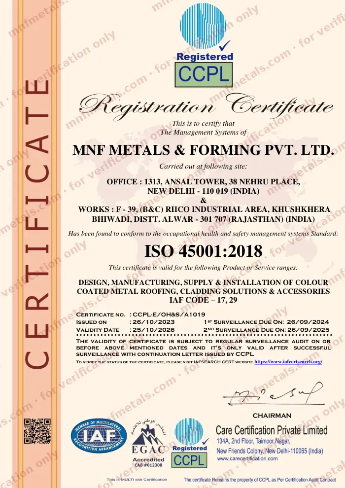 Scan of the ISO 45001:2018 certificate issued to MNF Metals & Forming Private Limited by Care Certification Private Limited (CCPL), number CCPL-E/OH&S/A1019, watermarked for verification