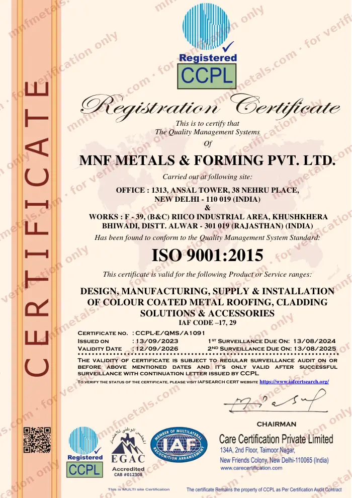 Scan of the ISO 9001:2015 certificate issued to MNF Metals & Forming Private Limited by Care Certification Private Limited (CCPL), number CCPL-E/QMS/A1091, watermarked for verification