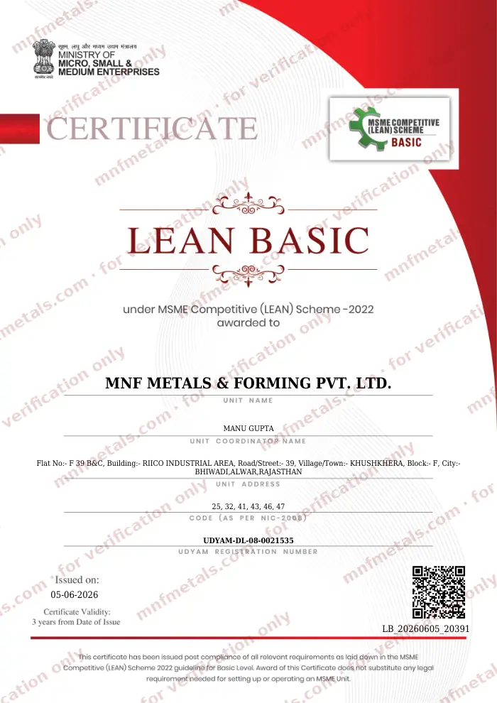 Scan of the Lean Basic certificate issued to MNF Metals & Forming Private Limited by Ministry of Micro, Small and Medium Enterprises, number LB_20260605_20391, watermarked for verification