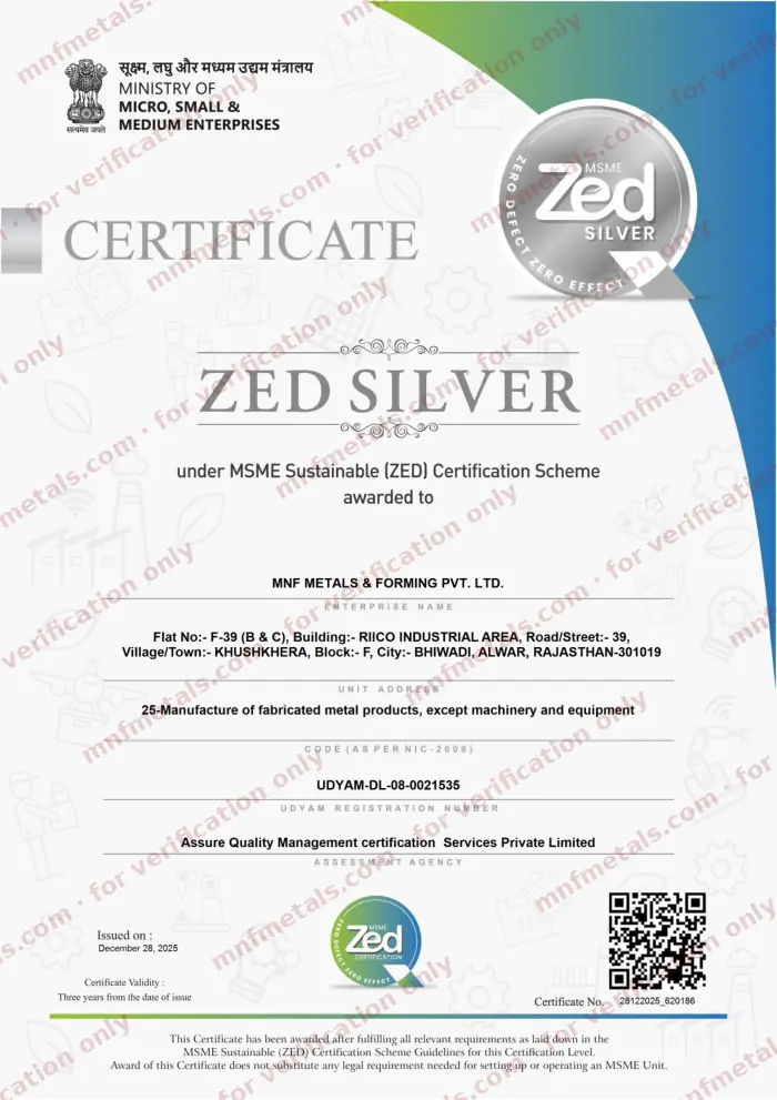 Scan of the ZED Silver certificate issued to MNF Metals & Forming Private Limited by Ministry of Micro, Small and Medium Enterprises, number 28122025_620186, watermarked for verification