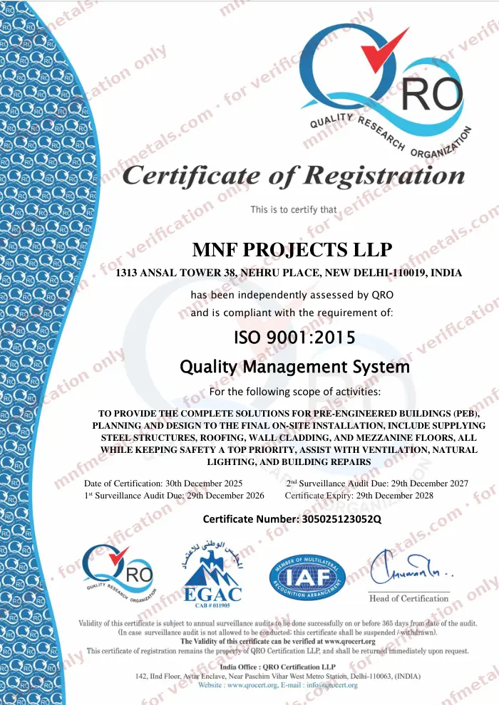 Scan of the ISO 9001:2015 certificate issued to MNF Projects LLP by QRO Certification LLP, number 305025123052Q, watermarked for verification