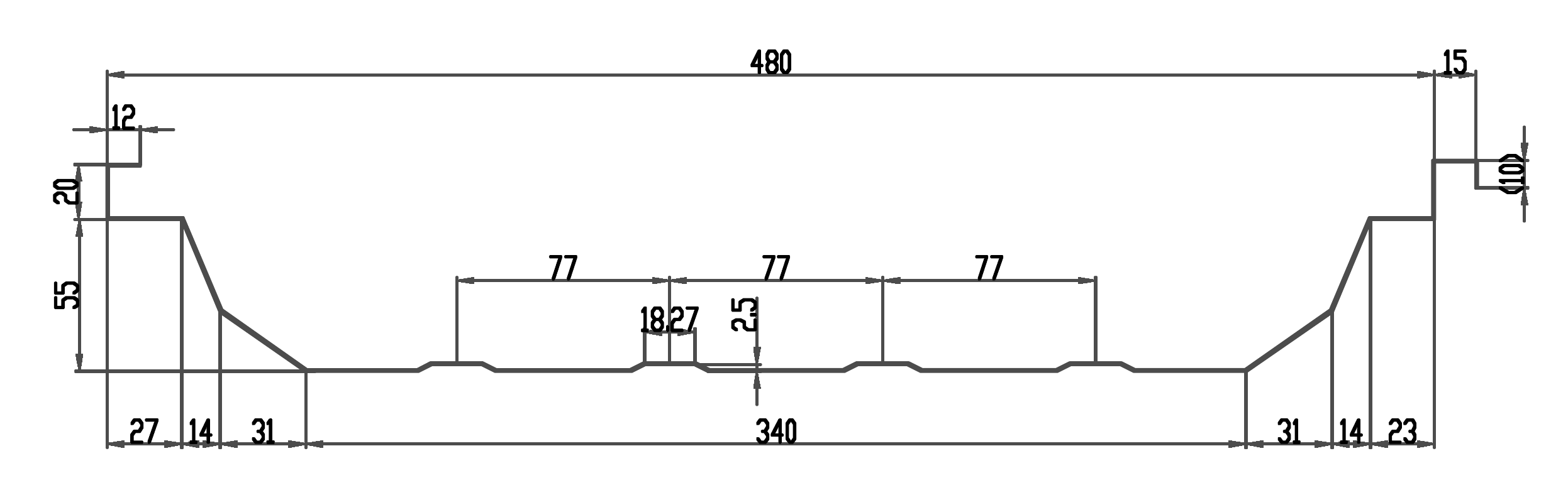 MNF 4 Rib standing seam profile drawing, dimensions in mm: effective cover 480; pan 340 with four stiffening ribs 2.5 high, 18 across the top and 27 at the base, at 77 centres; each edge rises 55 to a shoulder through slopes 14 and 31 wide, with a shoulder 27 wide on one side and 23 on the other; seam upstand 20 above the shoulder, ending in a 12 flange on one edge and a 15 return with a 10 lip on the other.
