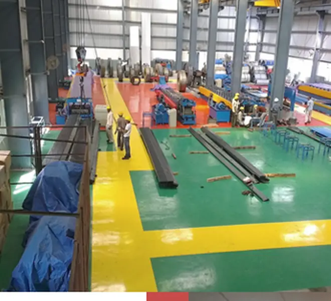 Purlins laid out on the shop floor at the plant for inspection