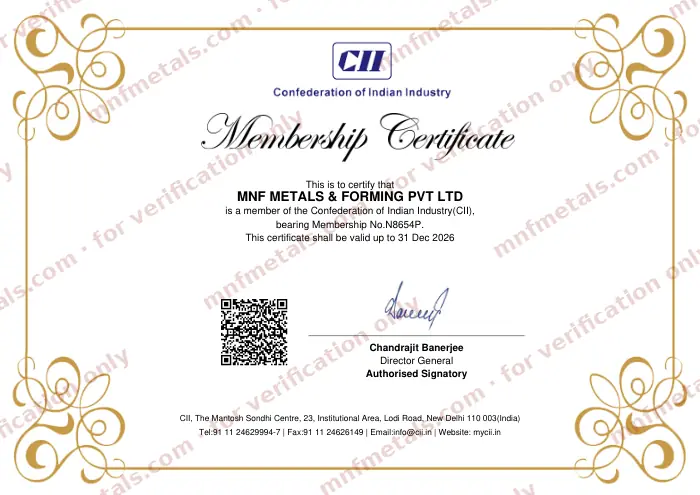 Scan of the Confederation of Indian Industry membership certificate for MNF Metals & Forming Private Limited, membership N8654P, watermarked for verification