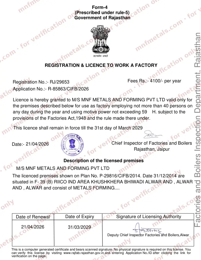 Scan of the Rajasthan factory licence, registration RJ/29653, for MNF Metals & Forming Private Limited, watermarked for verification