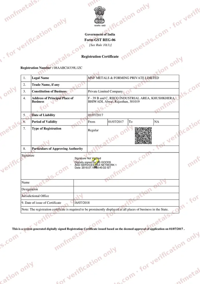 Scan of the GST registration certificate, Form GST REG-06, for MNF Metals & Forming Private Limited, GSTIN 08AABCI4339L1ZC, watermarked for verification