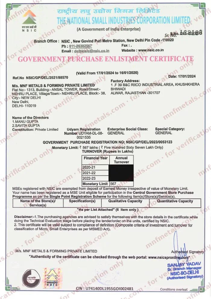 Scan of the NSIC government purchase enlistment certificate for MNF Metals & Forming Private Limited, registration NSIC/GP/DEL/2023/0053123, watermarked for verification, with the turnover figures blacked out
