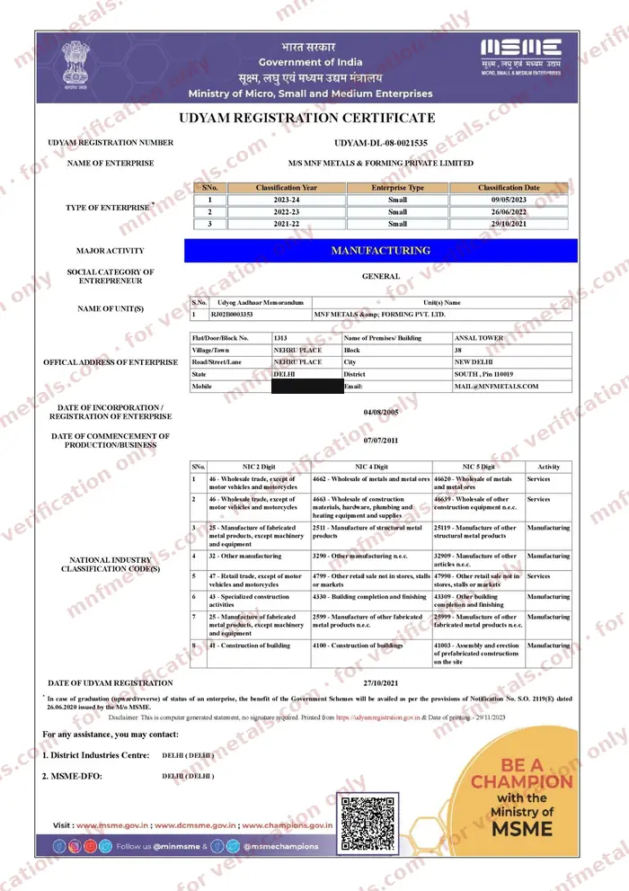Scan of the Udyam registration certificate for MNF Metals & Forming Private Limited, number UDYAM-DL-08-0021535, watermarked for verification, with the mobile number blacked out