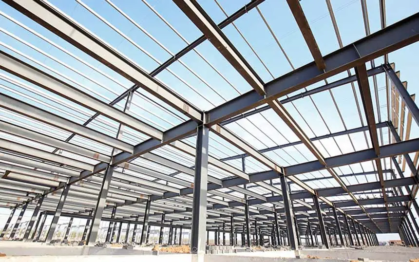 Steel frame and purlins under a translucent roof, a stock photograph from the old site, not the airport