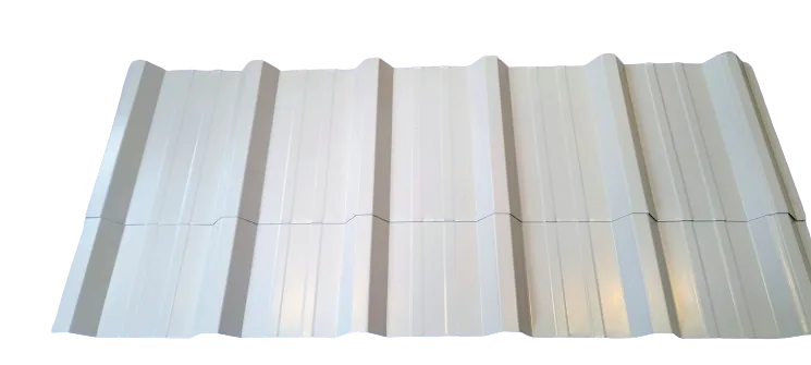 Cut-out of a colour coated 2 Rib profile sheet showing the ribs and crests