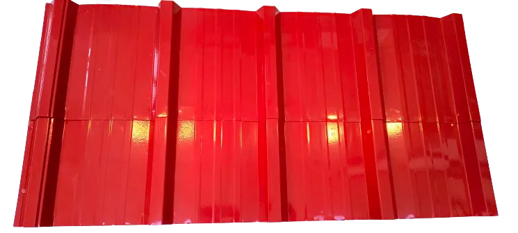 Cut-out of a colour coated 3 Rib trapezoidal roofing sheet