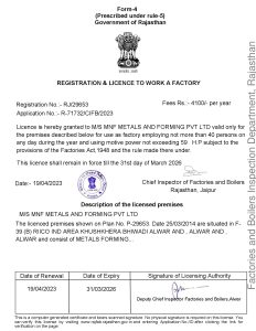 Factory Licence Certificate Valid till 31.03.2026